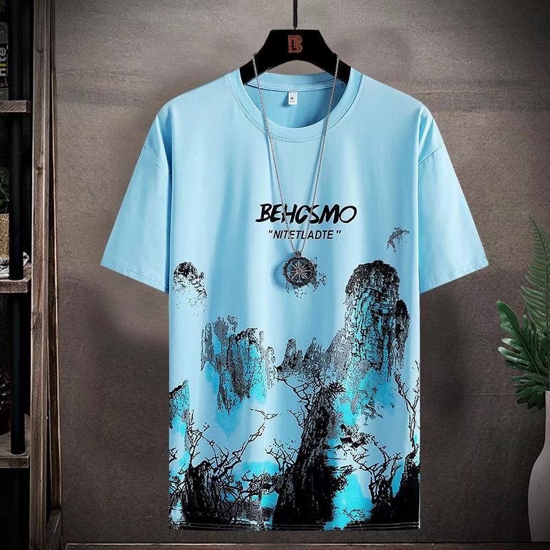 Men's Sports Casual T-shirt 2025 Summer Ice Silk Thin Fashionable Short-sleeved Shorts suit Style Landscape Painting Top - Image 1