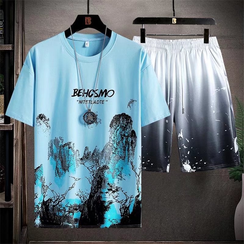 Men's Sports Casual T-shirt 2025 Summer Ice Silk Thin Fashionable Short-sleeved Shorts suit Style Landscape Painting Top - Image 4