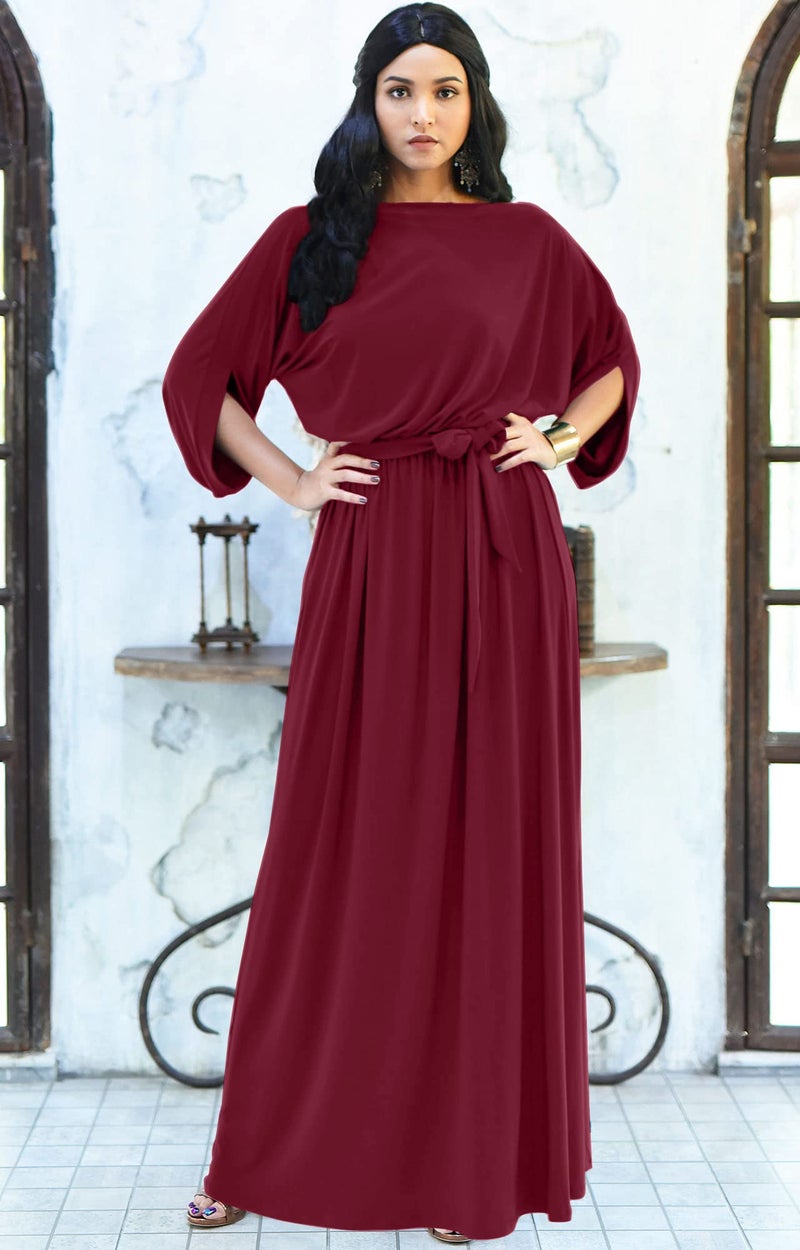 KOH KOH Plus Size Womens Long Flowy Casual Short Half Sleeve with Sleeves Fall Winter Floor Length Evening Modest A-line Formal Maternity Gown Gowns Maxi Dress Dresses, Crimson Dark Red 2XL 18-20 - Image 3