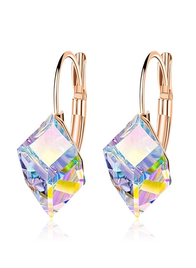 EVEVIC Cube Austrian Crystal Drop Leverback Earrings for Women Fashion 14K Rose Gold Plated Hypoallergenic Jewelry (Aurora Boreali) - Image 1