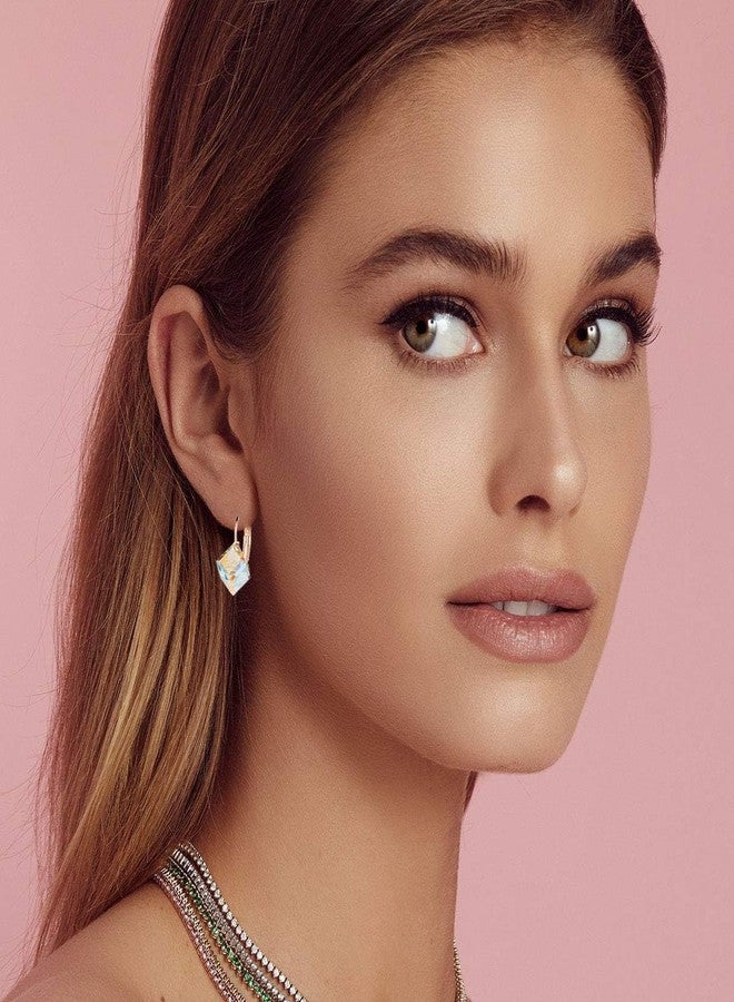 EVEVIC Cube Austrian Crystal Drop Leverback Earrings for Women Fashion 14K Rose Gold Plated Hypoallergenic Jewelry (Aurora Boreali) - Image 2