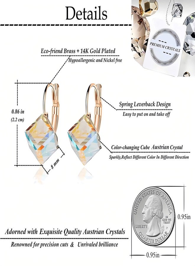 EVEVIC Cube Austrian Crystal Drop Leverback Earrings for Women Fashion 14K Rose Gold Plated Hypoallergenic Jewelry (Aurora Boreali) - Image 4