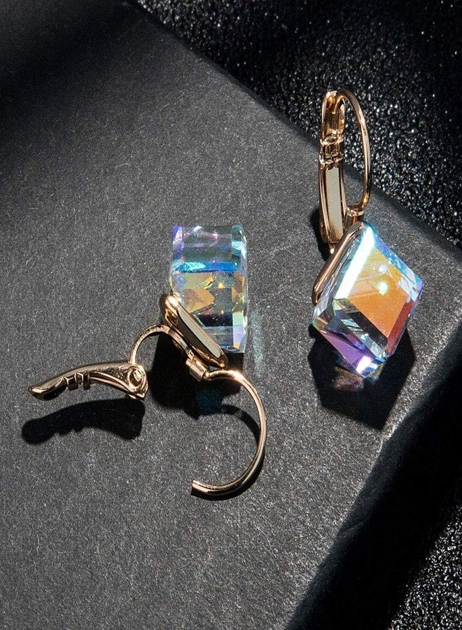 EVEVIC Cube Austrian Crystal Drop Leverback Earrings for Women Fashion 14K Rose Gold Plated Hypoallergenic Jewelry (Aurora Boreali) - Image 5