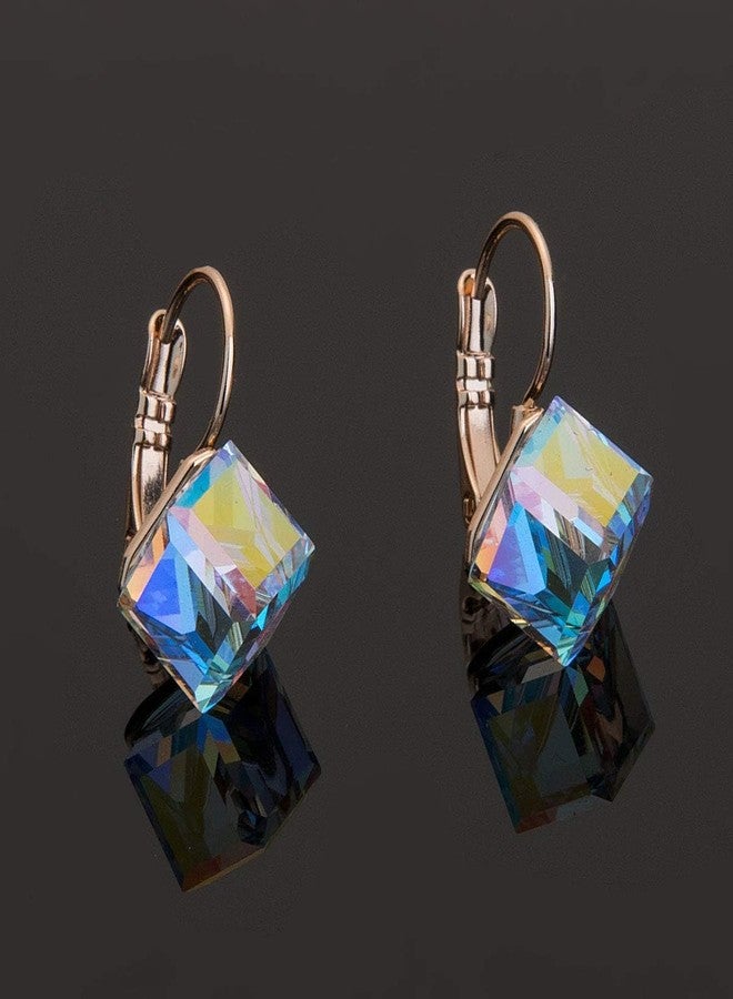 EVEVIC Cube Austrian Crystal Drop Leverback Earrings for Women Fashion 14K Rose Gold Plated Hypoallergenic Jewelry (Aurora Boreali) - Image 3