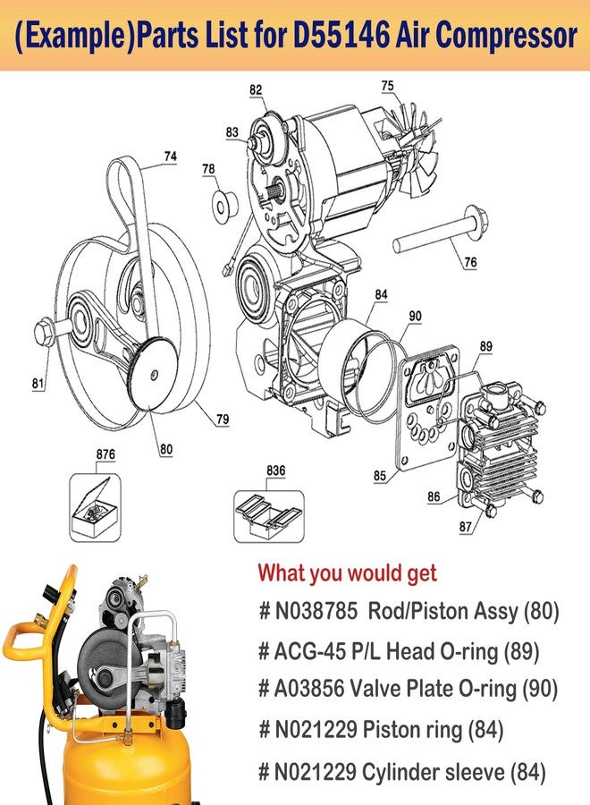 Camoo طقم تجميع قضيب مكبس ضاغط الهواء N038785 لـ Dewalt D55146 D55167 D55168، وCraftsman 919-167600 و919-167610 طقم إصلاح أسطوانة ضاغط الهواء (أسطوانة بقطر 2-7/8 بوصة) - Image 5