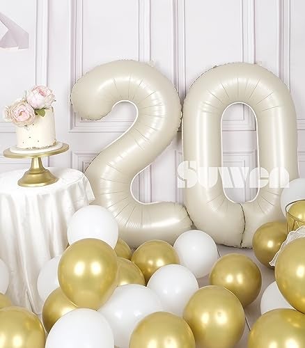 SUWEN بالونات رقم 20 كبيرة من سوين 40 بوصة كريمة بيضاء بالونات فويل هيليوم رقمية 09 عملاقة لعيد ميلاد سعيد 20 لمستلزمات حفلات الذكرى للنساء أو الرجال - Image 5