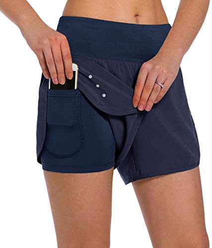 Ksmien Women's 2 in 1 Running Shorts - Lightweight Athletic Workout Gym Yoga Shorts Liner with Phone Pockets Navy Blue - Image 1