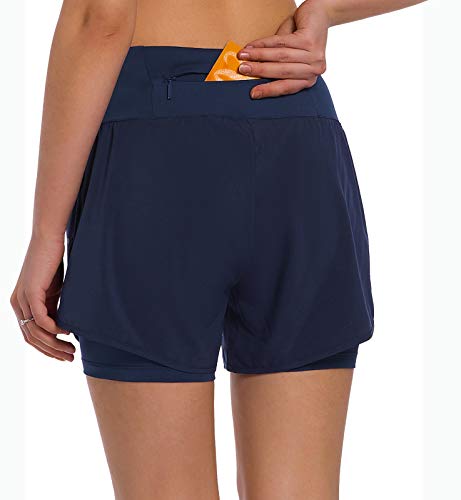 Ksmien Women's 2 in 1 Running Shorts - Lightweight Athletic Workout Gym Yoga Shorts Liner with Phone Pockets Navy Blue - Image 2