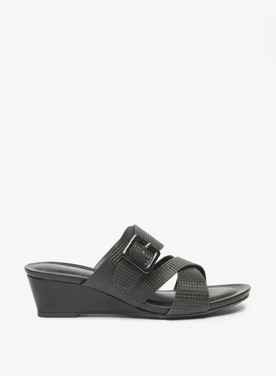 Flora Bella By Shoexpress Women's Textured Cross Strap Slide Sandals With Buckle Accent And Wedge Heels