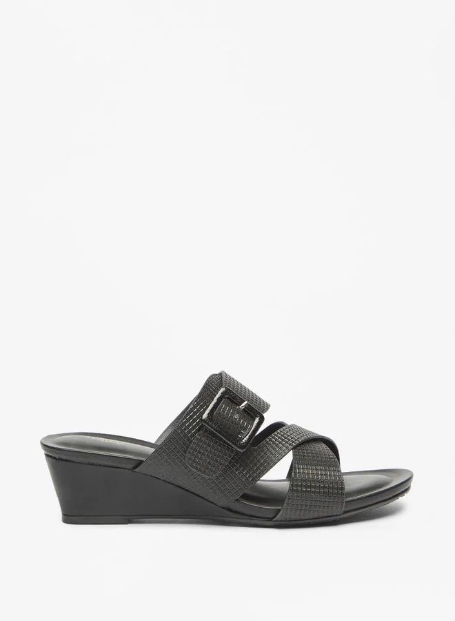 Flora Bella By Shoexpress Women's Textured Cross Strap Slide Sandals With Buckle Accent And Wedge Heels