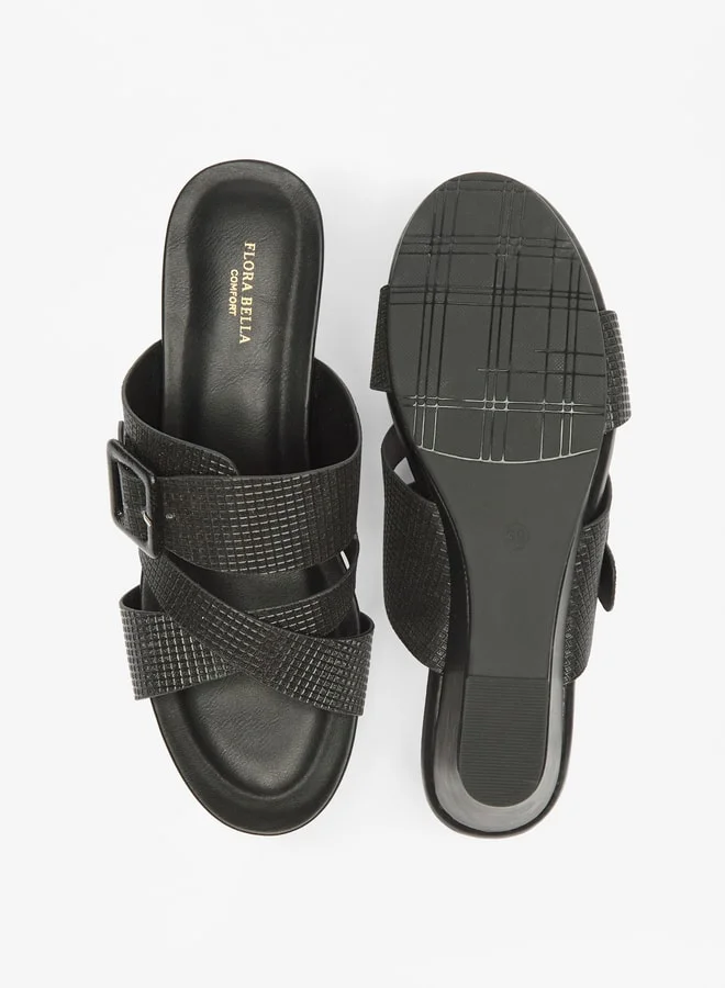 Flora Bella By Shoexpress Women's Textured Cross Strap Slide Sandals With Buckle Accent And Wedge Heels