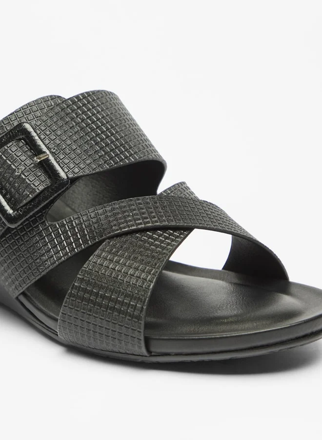 Flora Bella By Shoexpress Women's Textured Cross Strap Slide Sandals With Buckle Accent And Wedge Heels