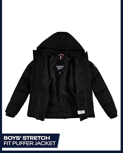 Reebok Boys Puffer Jacket - Quilted Water and Wind Resistant Boys Winter Coat - Warm Insulated Stretch Tech Jackets for Kids, Size 10-12, Black Ink - Image 2
