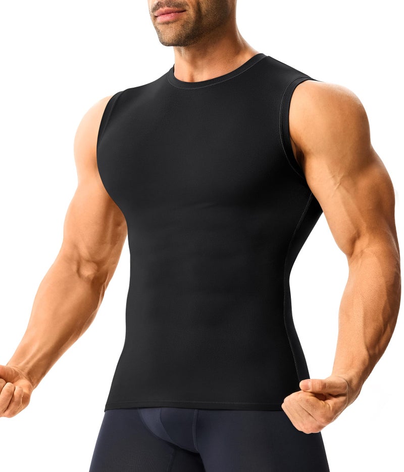 Nebility Mens Compression Shirt Slimming Workout Tank Top Quick Dry Athletic Sleeveless Tummy Undershirt Body Shaper - Black,Large - Image 1