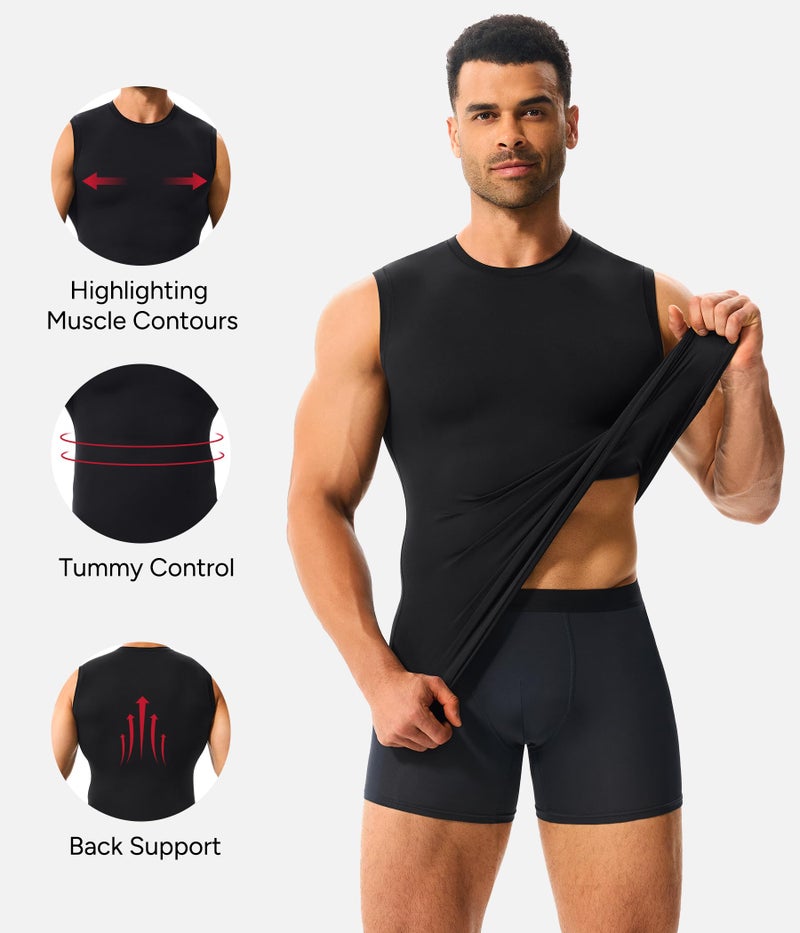 Nebility Mens Compression Shirt Slimming Workout Tank Top Quick Dry Athletic Sleeveless Tummy Undershirt Body Shaper - Black,Large - Image 3