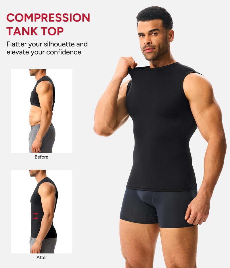 Nebility Mens Compression Shirt Slimming Workout Tank Top Quick Dry Athletic Sleeveless Tummy Undershirt Body Shaper - Black,Large - Image 2