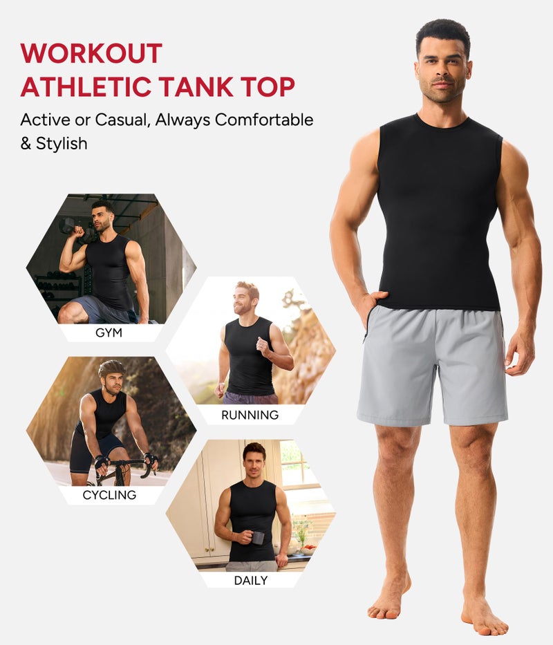 Nebility Mens Compression Shirt Slimming Workout Tank Top Quick Dry Athletic Sleeveless Tummy Undershirt Body Shaper - Black,Large - Image 4