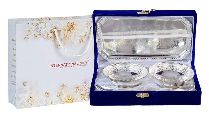 INTERNATIONAL GIFT طقم وعاء دائري من الفضة الألمانية مع صينية وملعقة مع صندوق مخمل ملكي فاخر يستخدم للفواكه المجففة والحلويات وديكور المنزل - Image 1