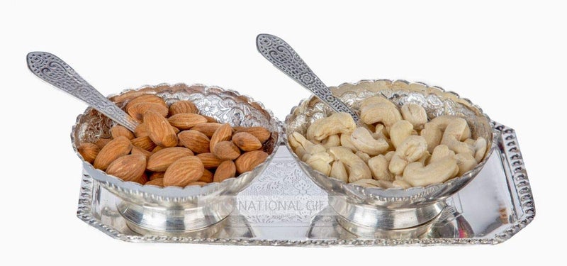 INTERNATIONAL GIFT طقم وعاء دائري من الفضة الألمانية مع صينية وملعقة مع صندوق مخمل ملكي فاخر يستخدم للفواكه المجففة والحلويات وديكور المنزل - Image 3