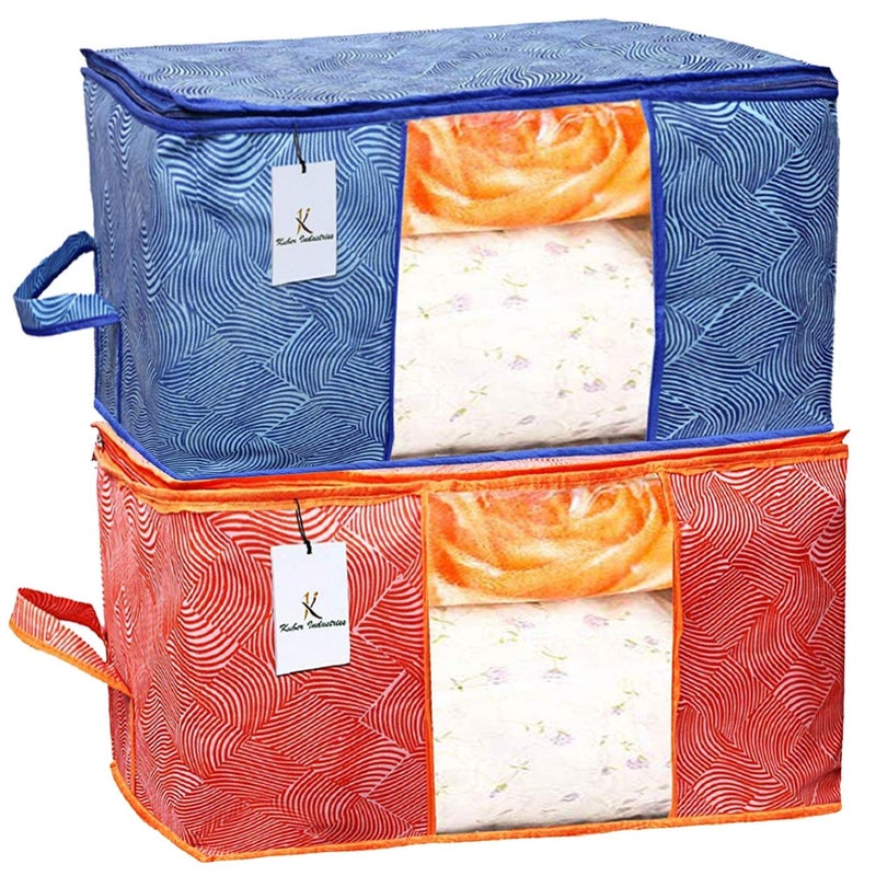 Kuber Industries Leheriya Printed Non Woven Fabric Underbed Storage Bag Cloth Organiser Blanket Cover with Transparent Window Orange and Blue CTKTC41072 Standard 2 Piece - Image 1