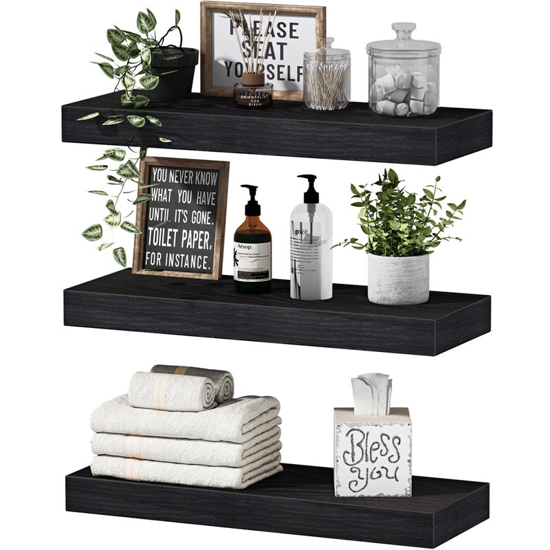 QEEIG Floating Shelves for Wall Bathroom Shelf Bedroom Kitchen Living Room Hanging Book Shelves Small Farmhouse Decor 16 inch Set of 3 Black 015B3