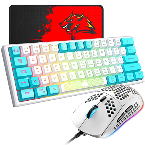 XINMENG 60% Gaming Keyboard and Mouse Combo Samll Mini RGB Backlight Mechanical Feeling and Mechanical RGB 6400 DPI Honeycomb Optical Mouse,Gaming Mouse pad for Gamers and Typists (White & Blue) - Image 1