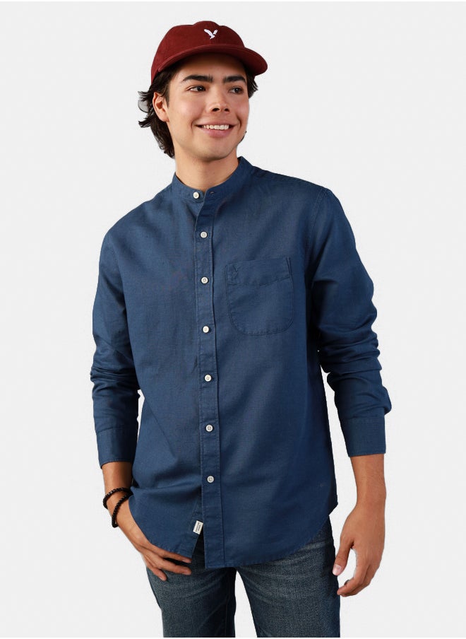 American Eagle - AE Band Collar Linen Button-Up Shirt - Image 1