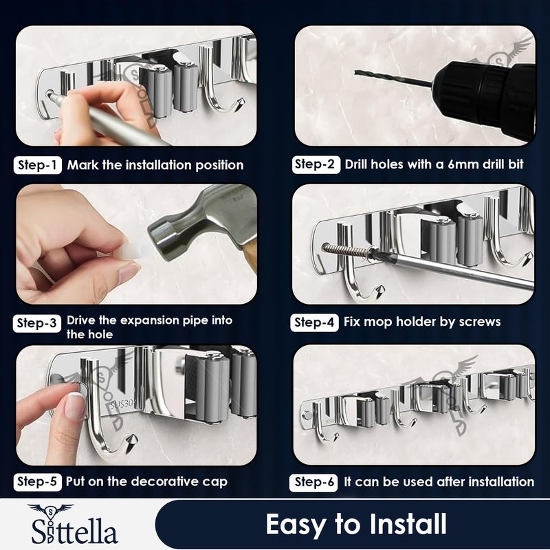 SITTELLA 1 Piece Stainless Steel 3 Racks with 4 Hooks Wall Mounted Broom and Mop Stick Holder Hanging Tools for Home Kitchen Garden Laundry Garage Silver - Image 5