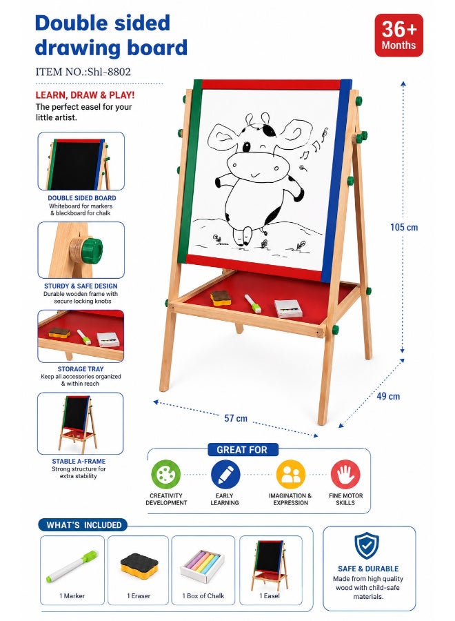Toyland Kids Double-Sided Wooden Easel Drawing Board – Magnetic Whiteboard & Chalkboard with Accessories - Image 2