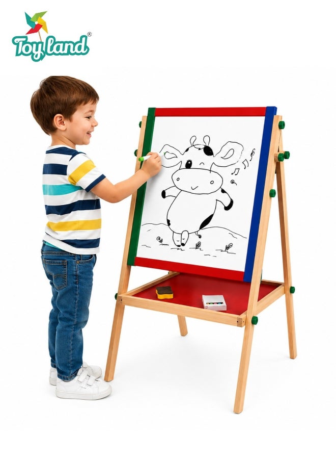 Toyland Kids Double-Sided Wooden Easel Drawing Board – Magnetic Whiteboard & Chalkboard with Accessories - Image 1