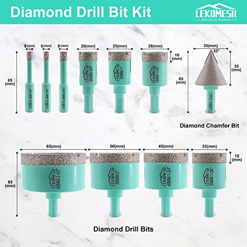 LEKOMESH Diamond Core Drill Bits Set 11pcs Tile Hole Saw Kit Triangle Shank(6/6/8/20/25/28/35/45/50/65mm/35mm Diamond Chamfer bits) - Image 2