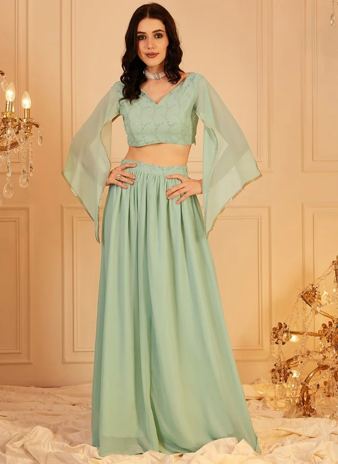 Indo Street Embellished Light Green Top & Skirt Set for Women