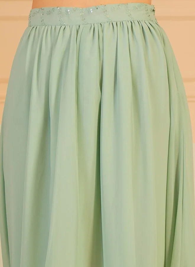 Indo Street Embellished Light Green Top & Skirt Set for Women