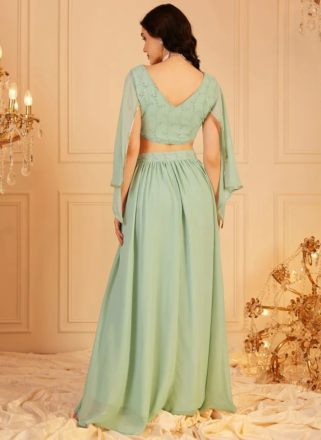 Indo Street Embellished Light Green Top & Skirt Set for Women