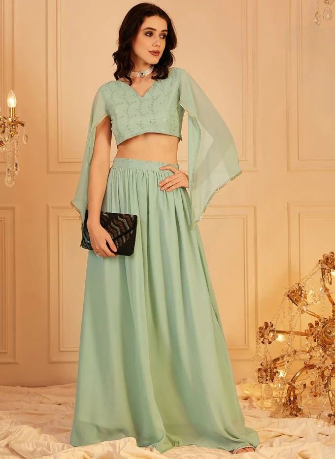 Indo Street Embellished Light Green Top & Skirt Set for Women