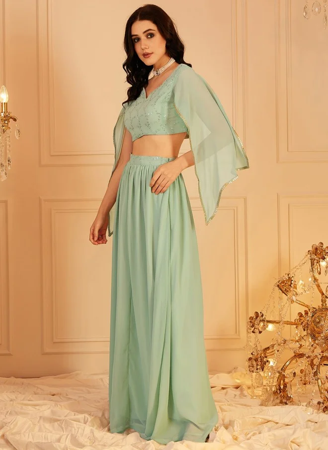 Indo Street Embellished Light Green Top & Skirt Set for Women