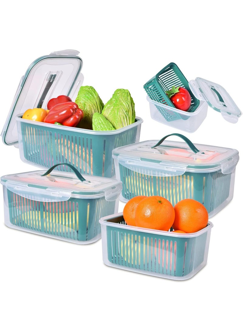 كيتشينو علب لتخزين الطعام للثلاجة من البلاستيك حافظة للمواد الغذائية قابلة للتكديس مكونة 5 قطع لتنظيم الثلاجة مع سلال تصريف للفواكه والخضروات وسلطة الفواكه - Image 1