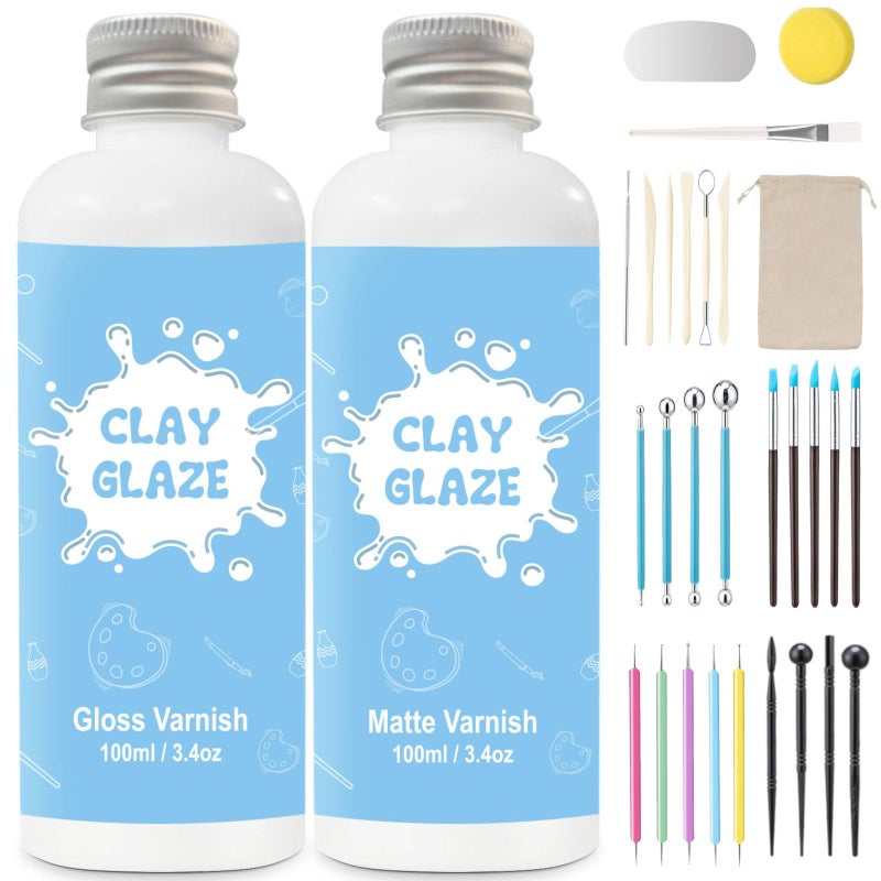 EIGTWEN 2 x 100ml Air Dry Clay Glaze and 29pcs Clay Tools Kit Gloss Airdry Varnish Protects Pottery from Surface Wear Pottery Tools Can be Used for Stippling Carving MoldingGlossMatte - Image 2