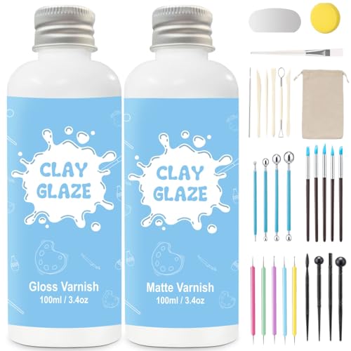 EIGTWEN 2 x 100ml Air Dry Clay Glaze and 29pcs Clay Tools Kit Gloss Airdry Varnish Protects Pottery from Surface Wear Pottery Tools Can be Used for Stippling Carving MoldingGlossMatte - Image 1