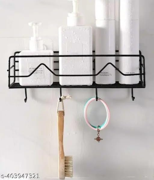SPARSHMART Rinam Bathroom Rack - Bathroom Shelves - Kitchen Storage - Self Adhesive Bathroom Shelf and Shampoo Holder with 4 Hook Adhesive Shower Caddy Metal Shelf  - Image 5