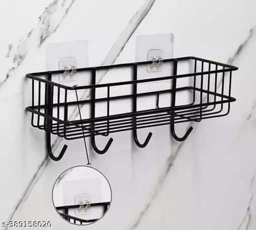SPARSHMART Rinam Bathroom Rack - Bathroom Shelves - Kitchen Storage - Self Adhesive Bathroom Shelf and Shampoo Holder with 4 Hook Adhesive Shower Caddy Metal Shelf  - Image 4