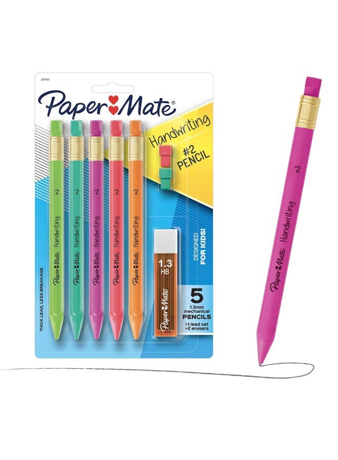 Paper Mate Handwriting Triangular Mechanical Pencil Set with Lead & Eraser Refills, 1.3 mm | Pencils for Kids in Fun Barrel Colors, 5 Count - Image 1