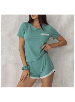 Generic Women 2 Piece Ribbed Knit Pajama Set Short Sleeve Button Crop Top and Shorts Lounge Sweatsuits Sleepwear Nightwear For Women  - Image 1