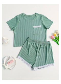 Generic Women 2 Piece Ribbed Knit Pajama Set Short Sleeve Button Crop Top and Shorts Lounge Sweatsuits Sleepwear Nightwear For Women  - Image 2