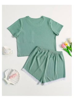 Generic Women 2 Piece Ribbed Knit Pajama Set Short Sleeve Button Crop Top and Shorts Lounge Sweatsuits Sleepwear Nightwear For Women  - Image 3