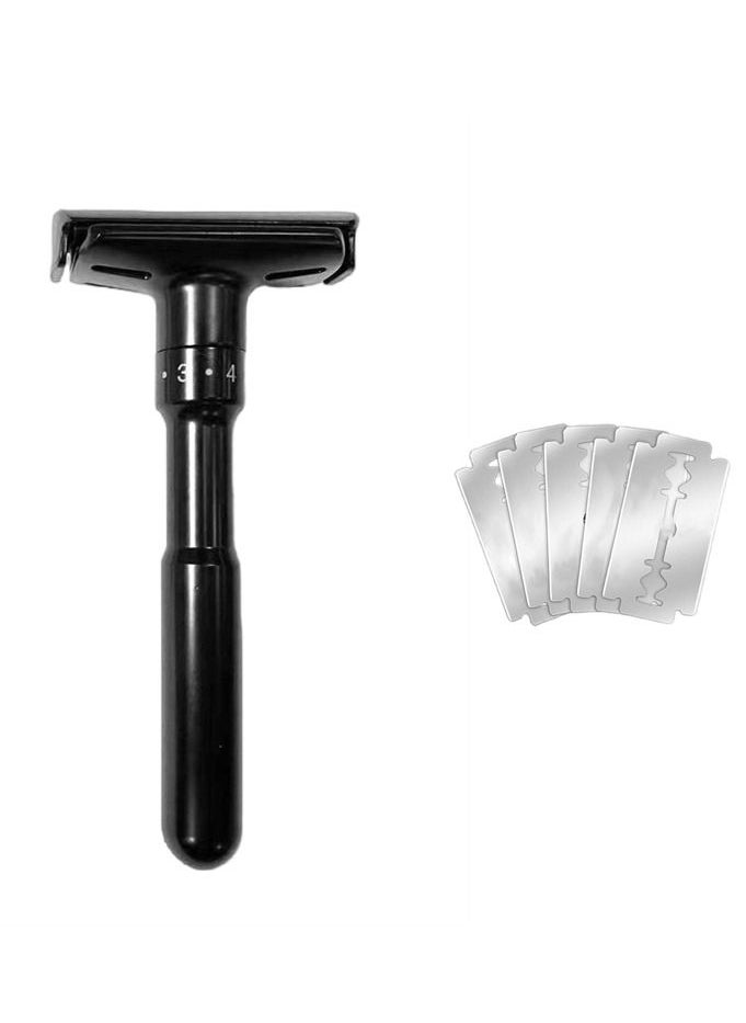Adjustable Sharpness Double Edge Safety Razor Set Black with 5 Blades