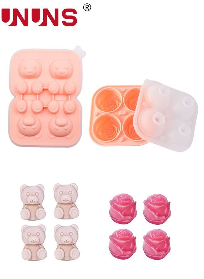 UNUNS - 2Pcs Ice Cube Tray, Bear Ice Tray and 3D Rose Ice Molds for Freezer, Cute Shaped Ice Cube Mold with Funnel Lid for Chilled Drinks, Cocktails Juice and More - Image 1