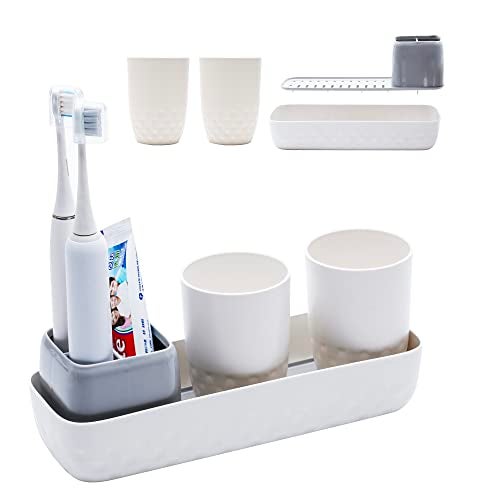 Ayswupt Toothbrush Holders for BathroomsKids Electric Toothbrush Holder with 2 Cups SetWhite Tooth Brush Toothpaste Caddy StorageSmall Bathroom Countertop Organizer Stand for Men Farmhouse Family