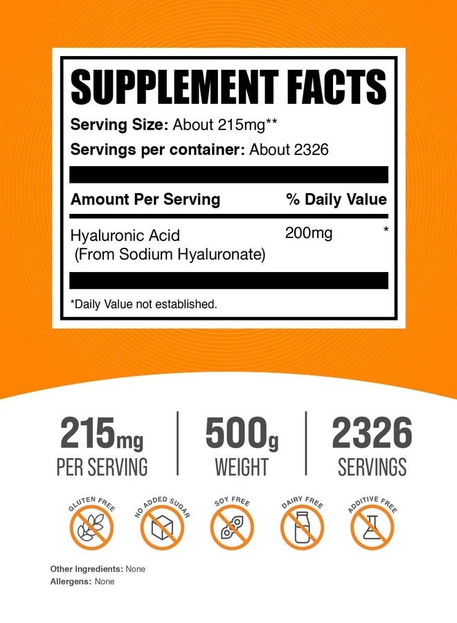 BulkSupplements.com Hyaluronic Acid Powder - as Sodium Hyaluronate, Hyaluronic Acid Supplements - Food Grade, Gluten Free - 215mg per Serving, 500g (1.1 lbs) (Pack of 1) - Image 2