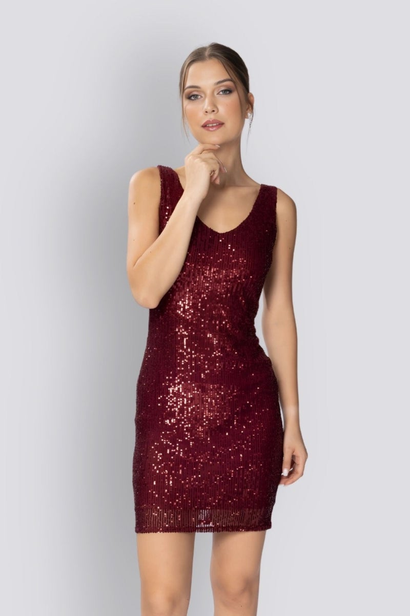 HOX'S Candice | Sequined Mini Slim Dress V Neck Sleeveless Backless - Claret Red  - Image 1